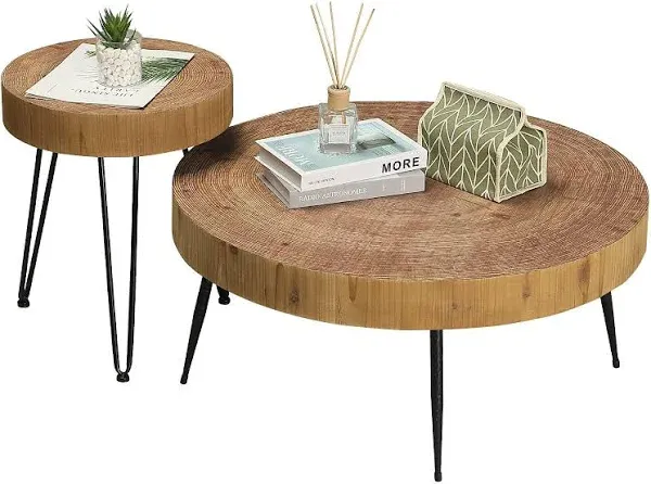 RUSTOWN Farmhouse Round Coffee Table Set of 2, Cocktail Table Set, Modern Circle Natural Wood Finsh Side and End Table Sets for Living Room