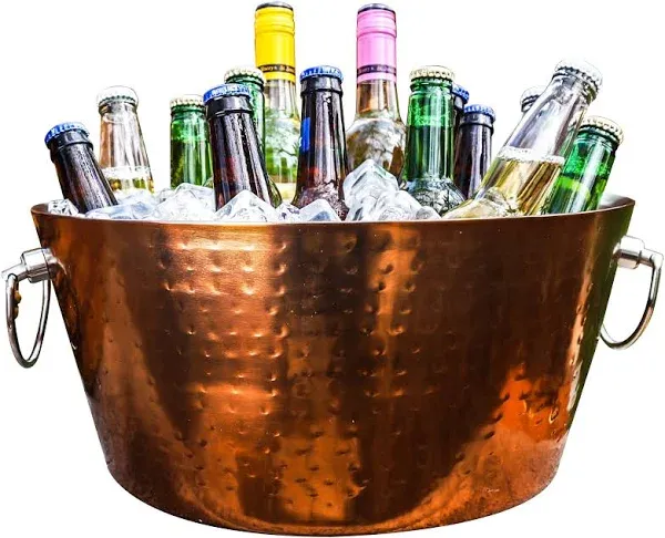 Brekx Hammered Stainless-Steel Beverage Tub Double-Walled Insulated Anchored Drink Tub & Ice Bucket with Double Hinged Handles