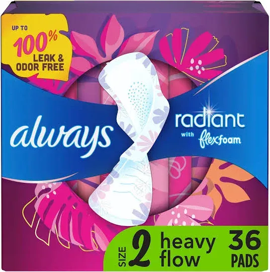 Always Radiant Feminine Pads for Women, Size 1 Regular Absorbency, with Flexfoam, with Wings, Light Clean Scent, 30 Count x 3 Packs (90 Count Total)