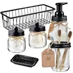 SheeChung Mason Jar Bathroom Accessories Set(6pcs) - Foaming Soap Dispenser,Toothbrush Holder,Qtip Holder,Apothecary Jars, Soap Dish,Metal Wire