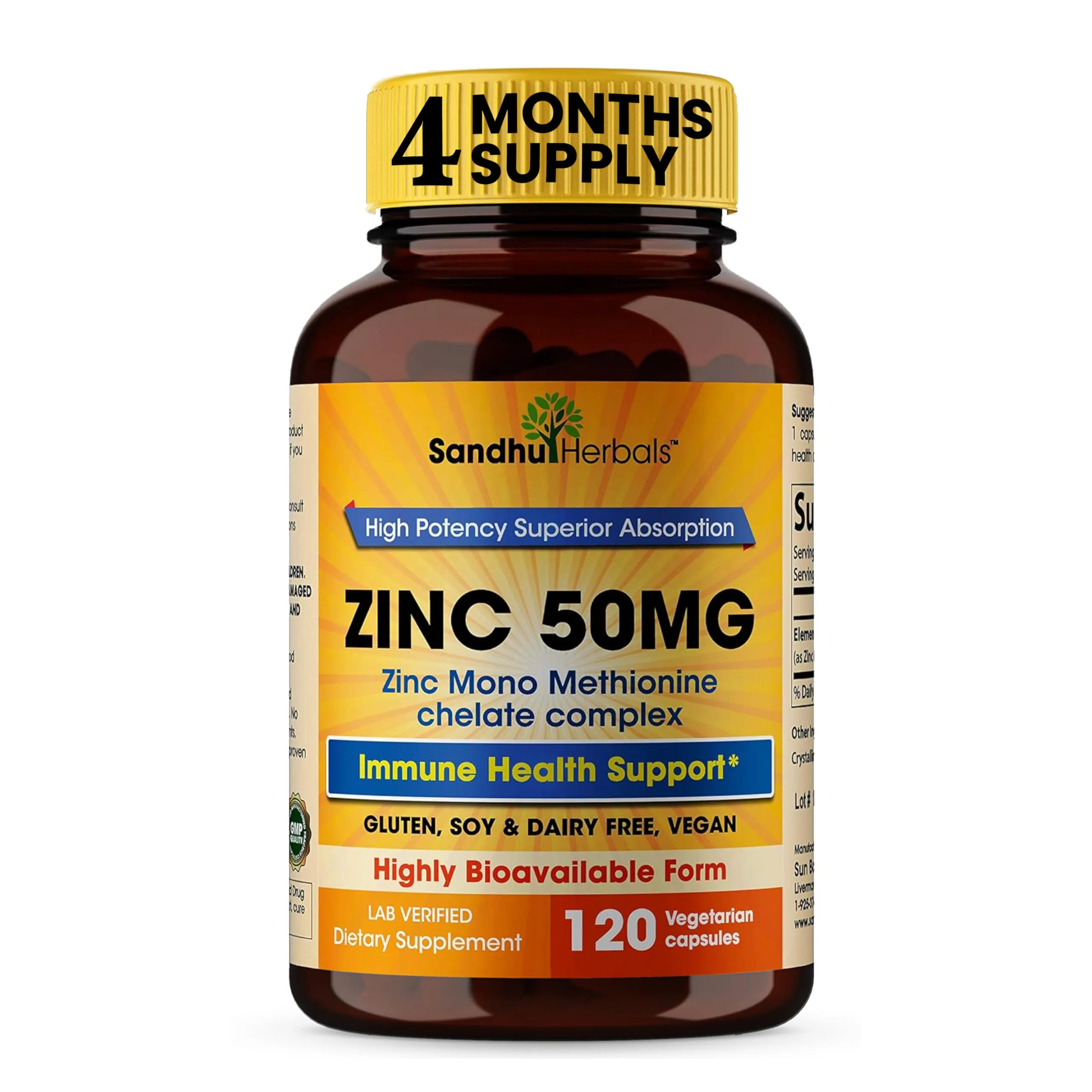 Sandhu Herbals High Potency Zinc 50mg Immune Support 120 Capsules Women &amp; Men