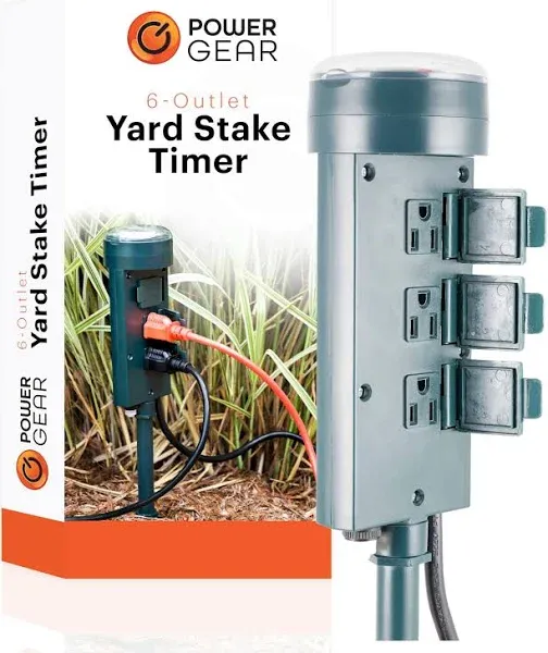 Power Gear Outdoor Yard Stake Mechanical Timer with 6-Grounded Outlets in Green