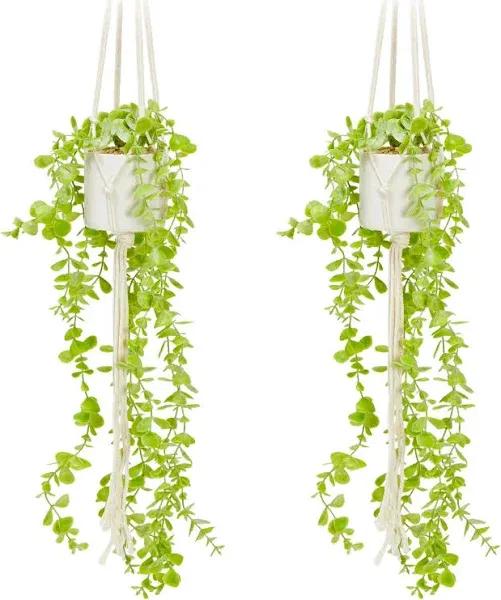 Juvale 2 Pack Artificial Eucalyptus, Fake Hanging Plants with Macrame Hanger and White Ceramic Pot for Home Decor