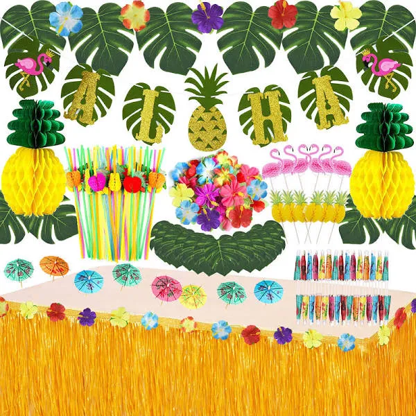 Deluxe Luau Party Decoration Pack - Table Skirt, Cupcake Toppers &amp; 112 Items!