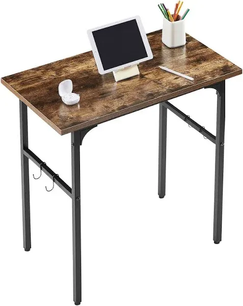 VECELO 32" Computer Writing Desk for Home Office, Study Table Workstation for Small Spaces with 4 Hooks & Adjustable Legs, Metal Frame,Brown, 32Inches