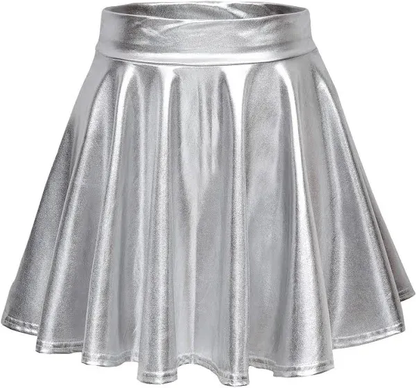 EXCHIC Women's Shiny Metallic Wet Look Stretchy Flared Mini Skater Skirt