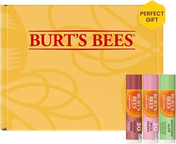 Burt's Bees Tinted Lip Balm SPF30 Stocking Stuffers, 2 Creamy Lip Stain Christmas Gifts with Sunscreen in Peach Peony & Deep Seinna Rose + Aloe Vera After Sun Soother, Post Exfoliator Scrub (3-Pack)