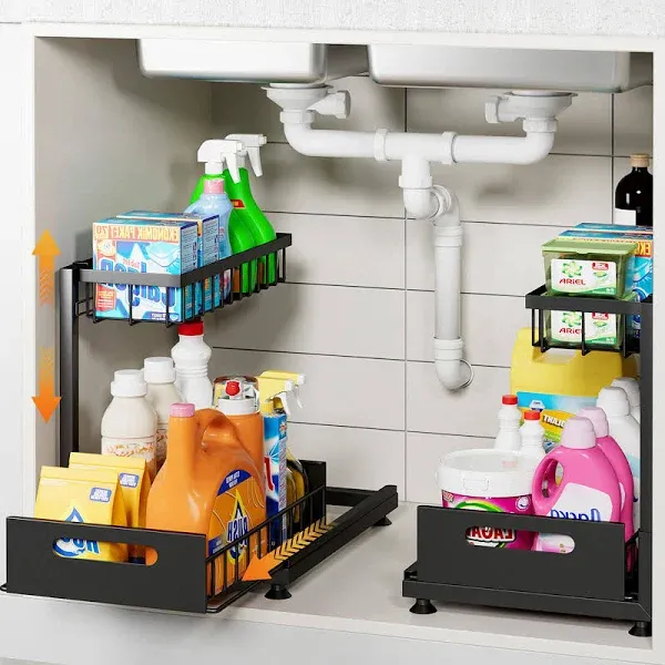 Mlinavn 2 Under Sink Organizer and Storage,Pull Out Cabinet Organizer 2 Tier Slide Out Sink Shelf Cabinet Organizer Adjustable Under Counter