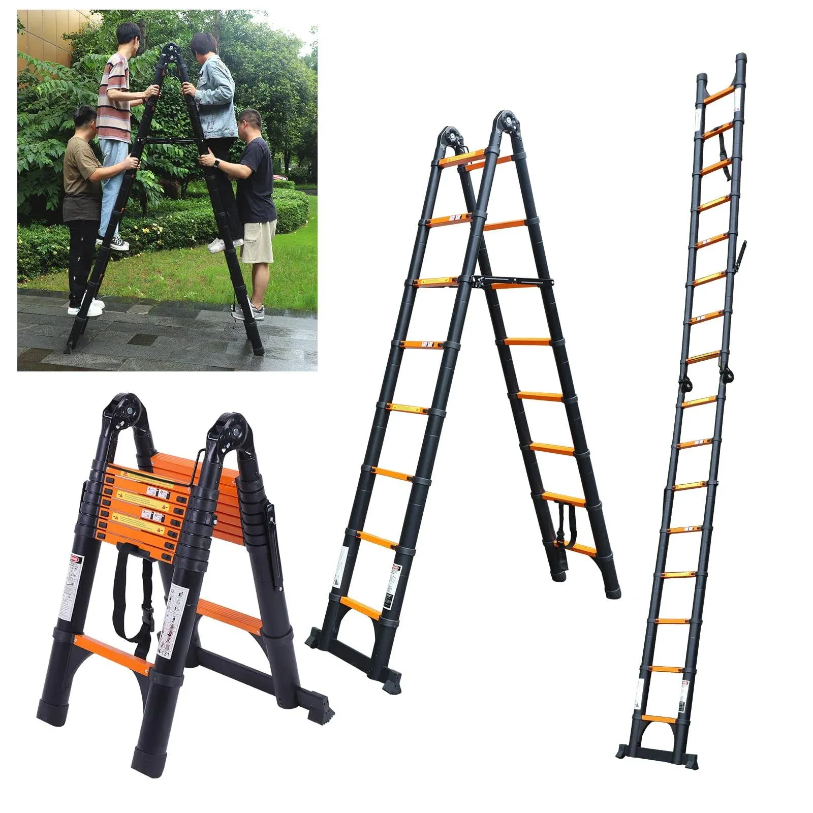 Telescoping Ladder A Frame, 16.5 Ft Compact Aluminum Extension Ladder, Portab...