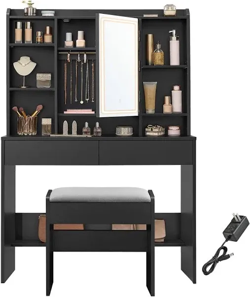 VASAGLE Vanity Desk with Mirror and Lights, Makeup Vanity with Upholst