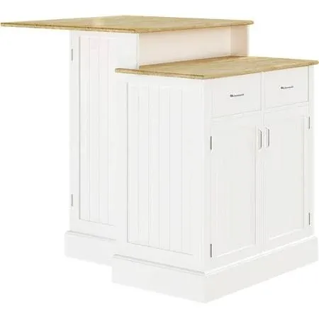 Kitchen Island with Storage Cabinet and 2-Level Rubber Wood Tabletop