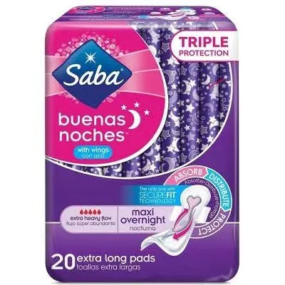 Saba Buenas Noches Overnight Maxi Pads with Wings | Built for Absorption Distribution and Protection | The Ultimate Overnight Feminine Care Pad for Women | 60 Pads (3 Packages, 20 Pads Each)