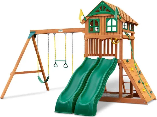 Gorilla Playsets Avalon Swing Set with Wood Roof, Dual Slides and Climbing Rock Wall, Amber