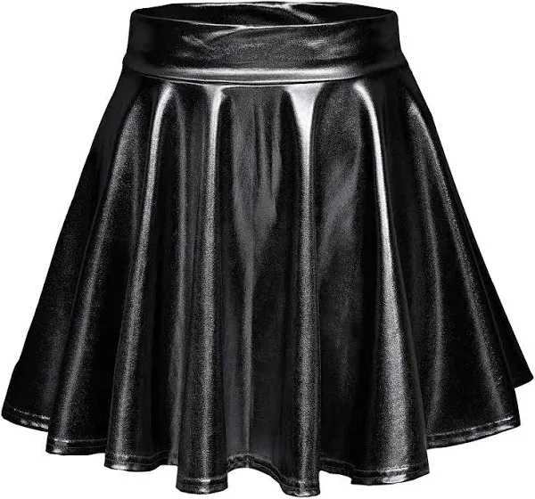 EXCHIC Women's Shiny Metallic Wet Look Stretchy Flared Mini Skater Skirt