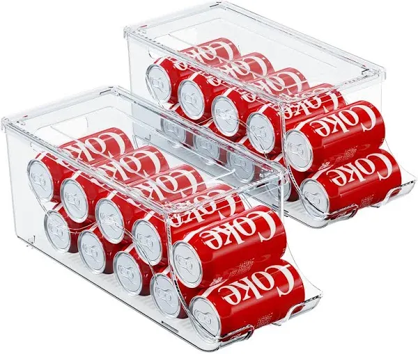 Set of 2 Stackable Refrigerator Organizer Bins Pop Soda Can Dispenser Beverage Holder for Fridge, Freezer, Kitchen, Countertops, Cabinets Clear