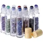 glasstore 10pcs 10ml Natural Semiprecious Stones Essential Oil Roller Bottles Clear Glass Roll-On Bottles Gemstone with Wooden Caps and Healing