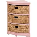 Hampton Meadows 3 Tier X-Side Corner Table Storage Cabinet with 3 Natural Water Hyacinth Wicker Baskets for Living Room, Pink