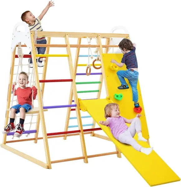 Costway 8-in-1 Indoor Wooden Jungle Gym Playset with Monkey Bars