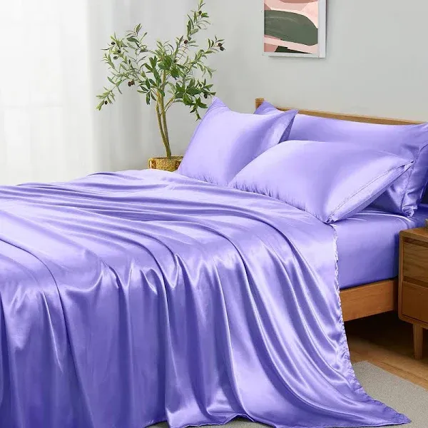 Entisn 4Pcs Lavender Twin Sheet Sets with Body Pillow Cover, Silky Satin Sheet Set, Luxury Bedding Set, Breathable & Ultra Soft Bed Sheet Set Includes 1 Fitted Sheet, 1 Flat Sheet, 2 Pillowcases