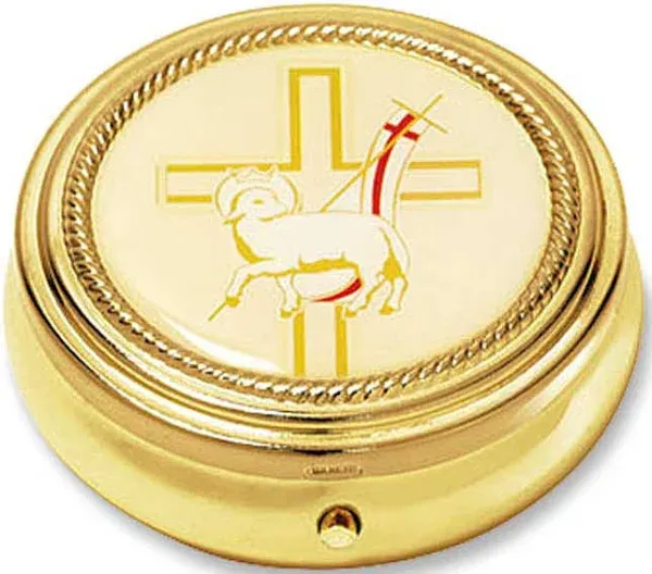 Holy Lamb of God w Latin Cross Design Gold Plate Catholic Religious Hospital Church Communion Pyx for Hosts