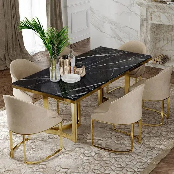 POVISON Marble Dining Table for 6, Modern Dining Room Table 71" for Kitchen & Dining Room, Luxury Black Dining Room Table with Gold Trestle Pedestal(Dining Table Only)