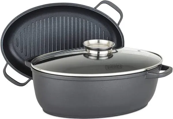 Viking Culinary 3-in-1 8.6 Qt Die Cast Oval Roaster with Glass Basting Gray 