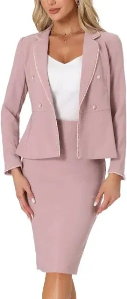 Allegra K Women's Business Suit 2 Pieces Tweed Trim Blazer Jacket and Skirt Set