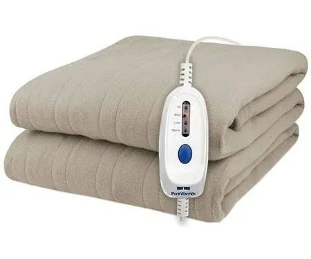 Pure Warmth Solid Flannel Electric Heated Warming Full Blanket - Adjustable Heat Settings with Auto Shut Off - UL Certified Cozy Heated Blanket for Home - Beige