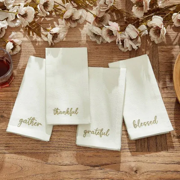 Elrene Home Fashions Harvest Sentiment Embroidered Napkins, Set of 4 - Ivory