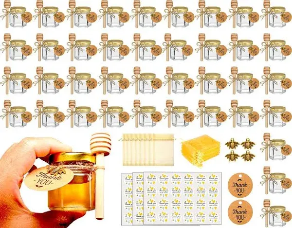 Adabocute 40-Count 1.5 oz Mini Hexagonal Glass Honey Jars Small Honey Jars with Wooden Dippers, Bee Charms and Jutes