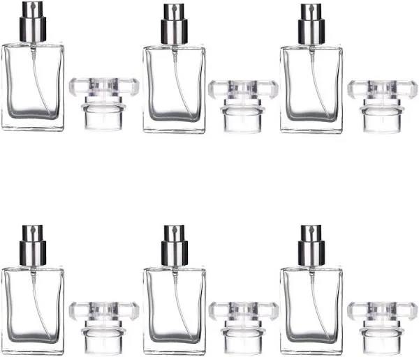 6 Pack 30ml / 1 Oz Transparent Refillable Perfume Bottle, Portable Square Empty Glass Perfume Atomizer Bottle Spray Applicator with 4 kinds of perfume dispenser(6 Pack 30ml / 1.01 oz. Transparent