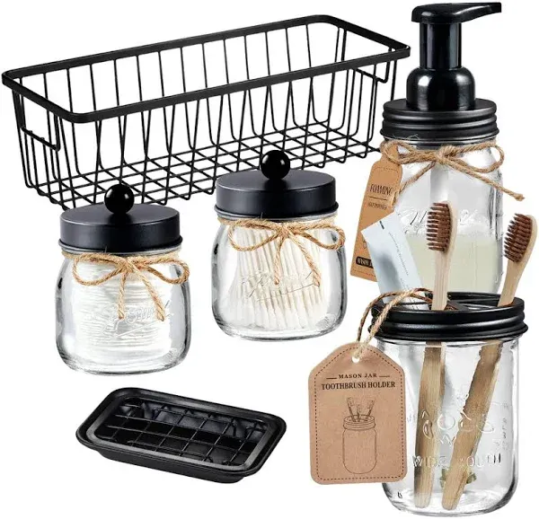 Mason Jar Bathroom Accessories Set (6PCS) - Foaming Soap Dispenser, Toothbrush