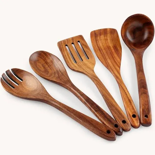 Zulay Kitchen Natural Teak Wooden Utensils for Cooking