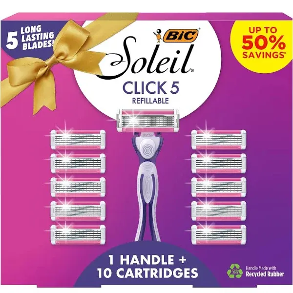 Bic Click 5 Soleil Women's Disposable Razors, 5-Blade Razors, Long-Lasting Blades, 1 Handle and 10 Cartridges