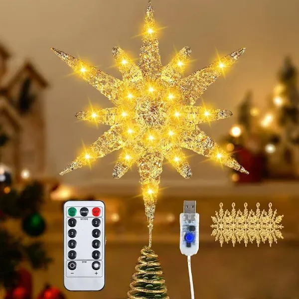 Christmas Tree Star Topper, 3D Tree Toppers Christmas Decorations with LED Lights 8 Lighting Modes Dimmable Timer USB Powered for Xmas Home Holiday Party Indoor Outdoor Ornaments Decor -15Inch Gold