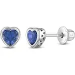 Girls' CZ Birthstone Heart Screw Back Sterling Silver Earrings - Dark Blue - in Season Jewelry