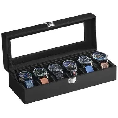 SONGMICS Watch Box, 6-Slot Watch Case with Large Glass Lid, Removable Watch Pillows, Watch Box Organizer, Gift for Loved Ones, Black Synthetic Leather, Black Lining UJWB06B01