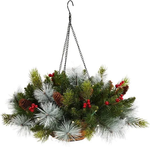 24" Holiday Pre-Lit (30 LED Lights) Pine and Berries Hanging Basket"