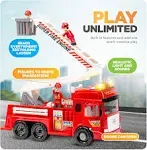 FUNERICA Big Fire Truck Toy with Lights and Sounds, Large Folding Ladder, Openable Doors, Fireman Figures - Red Engine