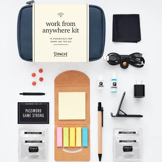 Pinch Provisions Work from Anywhere Kit, Includes 18 Essentials to Help You Stay on Task, Must-Have Work Essentials, Compact, Multi-Functional, Double-Pocket Vegan Leather Pouch