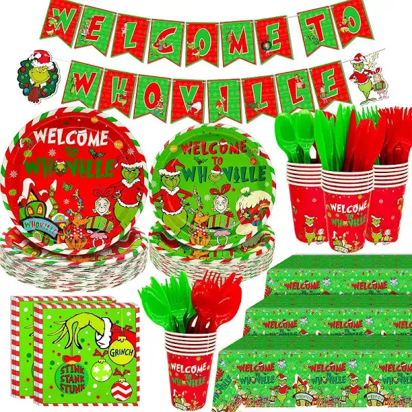 251Pcs Whoville Christmas Decorations Welcome To Whoville Banner Paper Plates Green Table Cloth Green Napkins Green Forks and Christmas Green