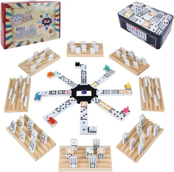 gonoelec Mexican Train Dominoes Set with 8pcs Wooden trays/rack/holder, 91 Tiles Double 12 Dominoes Game Set with Tin box,cla