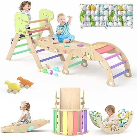 Pikler Triangle Set with Cushion 9 in 1 Climbing Toys for Toddlers 1-3 Indoor Baby Climbing Gym Toddler Montessori Toys Wooden Climbing Toys with Maze Toys, Shape Sorting Toys, Dinosaur Car