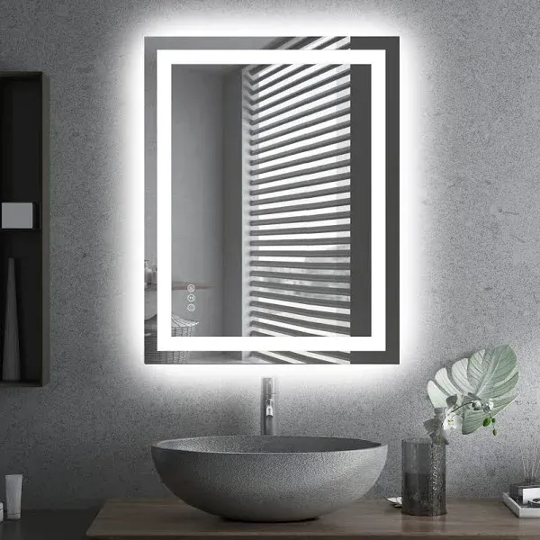 Amorho LED Bathroom Mirror 28"x 36" with Front and Backlight, Stepless Dimmable Wall Mirrors with Anti-Fog, Shatter-Proof, Memory, 3 Colors, Double LED Vanity Mirror (Horizontal/Vertical)