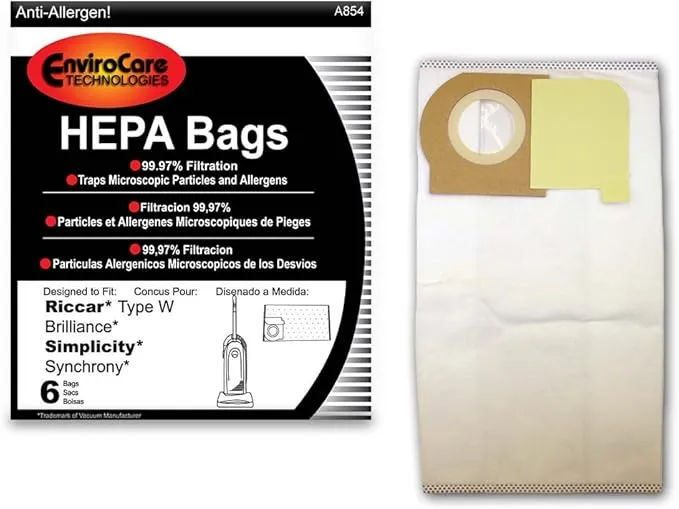 EnviroCare Replacement HEPA Filtration Vacuum Cleaner Dust Bags made to fit Riccar Type W Brilliance and Simplicity Synchrony Uprights 6 Pack