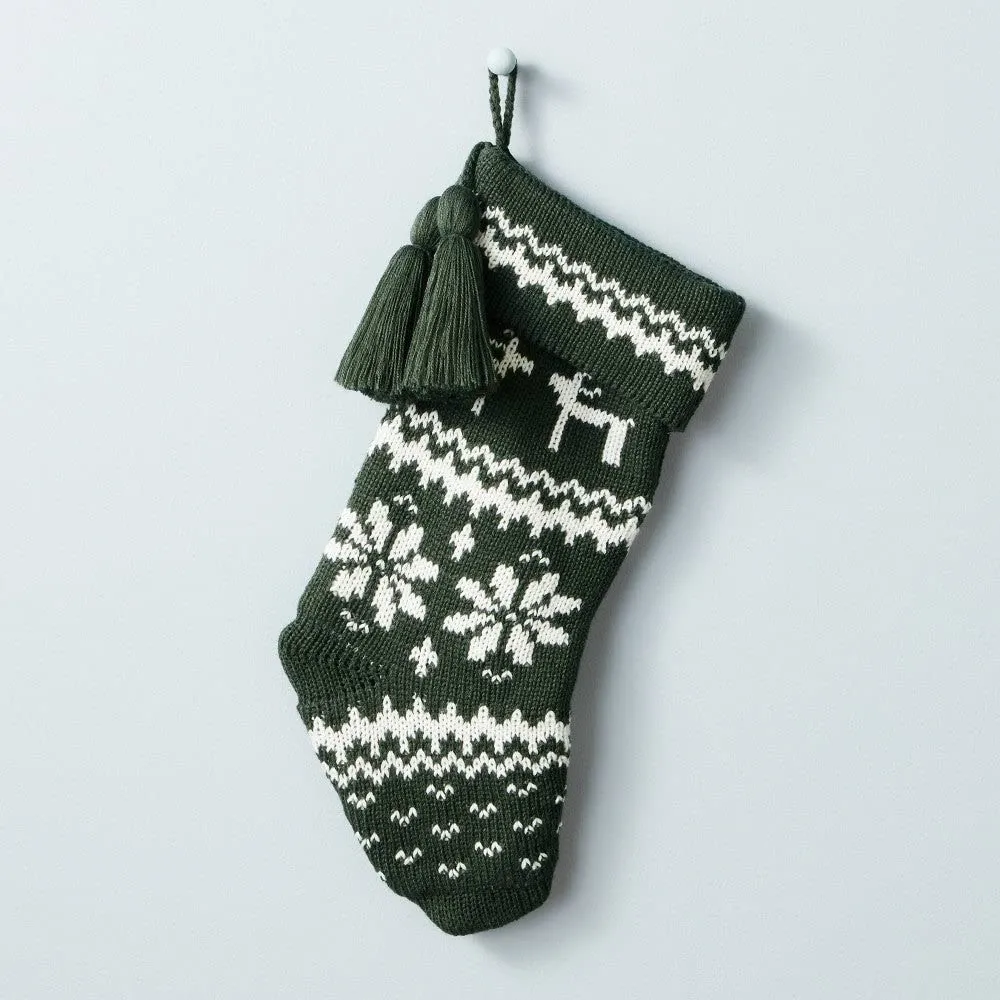 Reindeer &amp; Snowflake Knit Tassels Stocking Dark Green/Cream - Hearth &amp; Hand