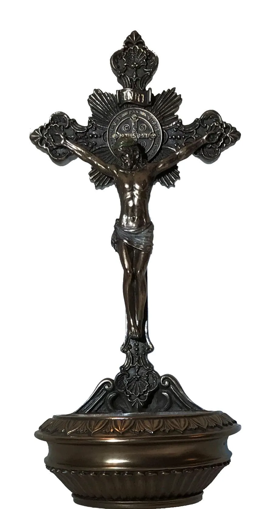 CatholicStore 9.5" St. Benedict Crucifix Holy Water Font, Cold Cast Bronze Resin, Stands or Hangs