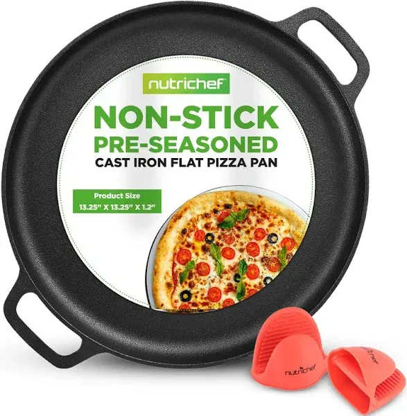 NutriChef 13" Cast Iron Pizza Pan - Cast Iron Pizza Baking Pan, Steel Pizza Cooker with Easy Grip Handle - For Gas, Electric, Glass, Induction Cooker, Oven, & Grill/Campfire - 2 Silicone Handles