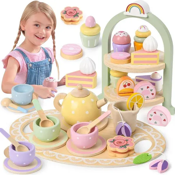 Wooden Tea Party Set for Little Girls Toddler Tea Set with Cupcake Stand & Food Dessert, Play Kitchen Accessories for Toddlers 2 3 4 5 6 Years Old, Wooden Toys Birthday Kids Girls Gifts 3-6