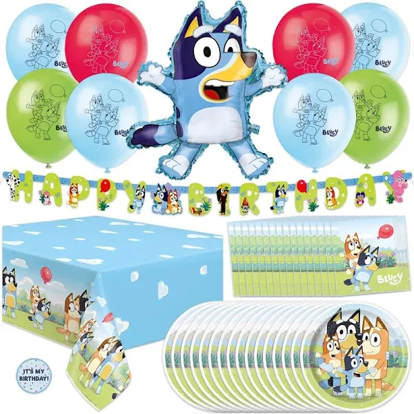 Bluey Birthday Decorations | Serves 16 | Bluey Party Decorations | Bluey Party Supplies | Bluey Balloons, Banner, Tablecover, Bluey Plates and Napkins, Sticker | Officially Licensed